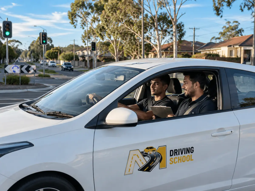 Professional male driving instructor guiding a learner driver during a driving lesson in Sydney with an M Driving School vehicle.