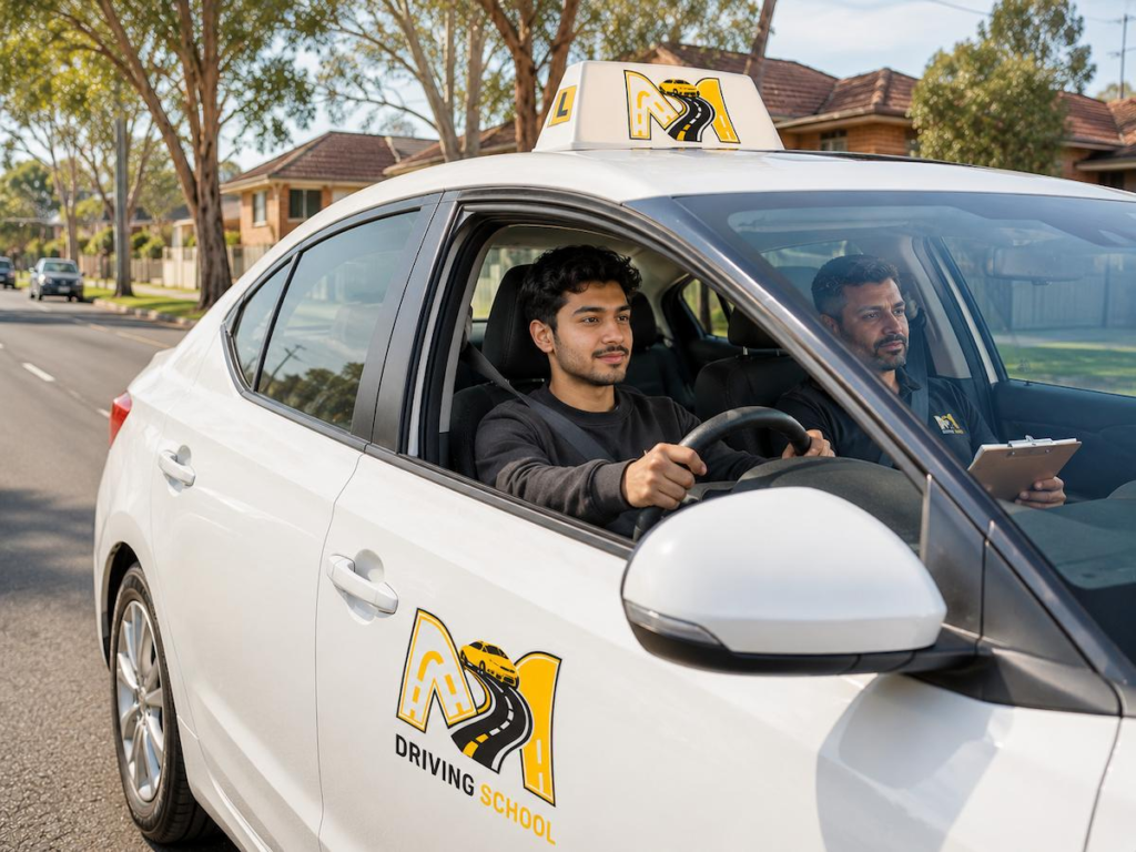 How many driving lessons NSW learner needs, M Driving School instructor teaching student in car
