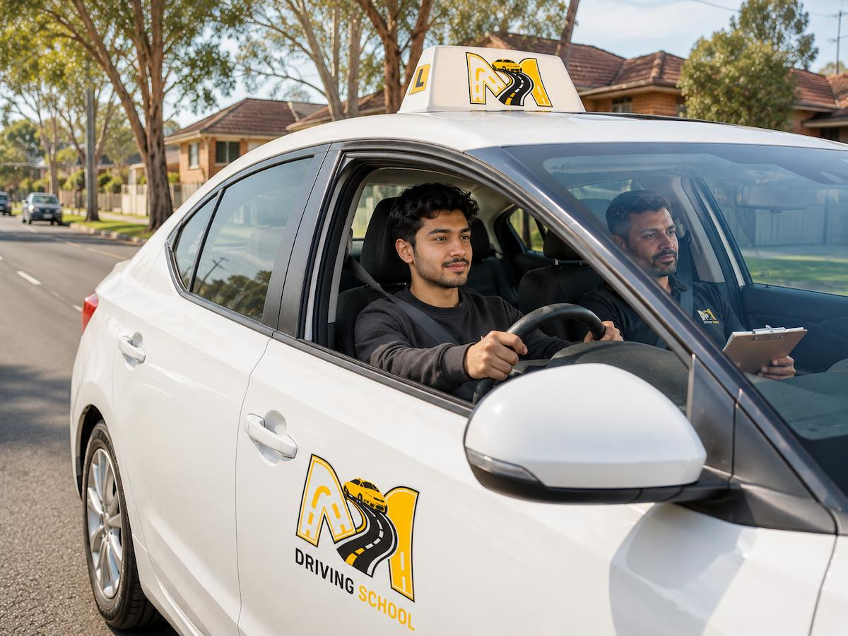 How many driving lessons NSW learner needs, M Driving School instructor teaching student in car