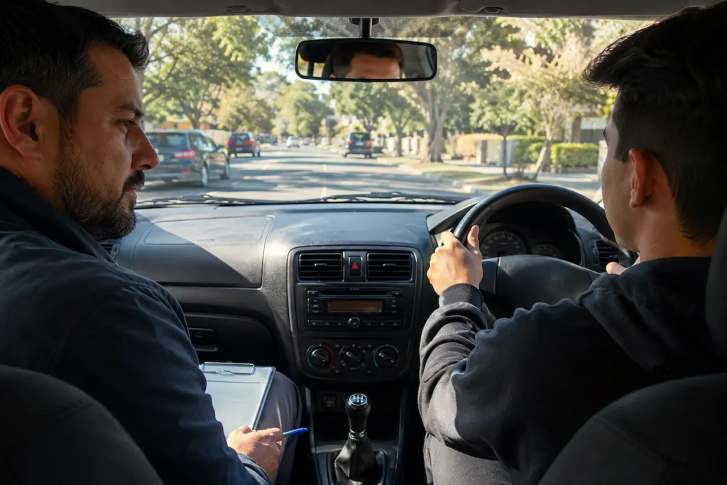 Driving lesson manual car session with instructor and learner driver on a Sydney residential street
