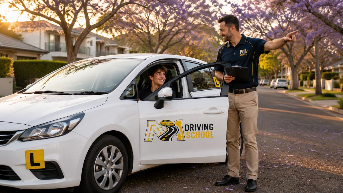 Learner driver and instructor beside a car, illustrating driving lessons Sydney cost and what to expect in your first lesson