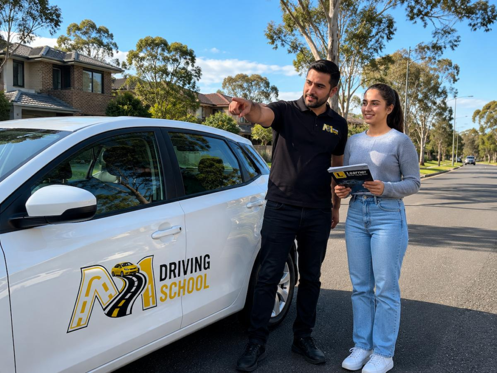 **Alt Text:** `Driving school Wetherill Park instructor and learner beside a branded M Driving School car in Western Sydney`