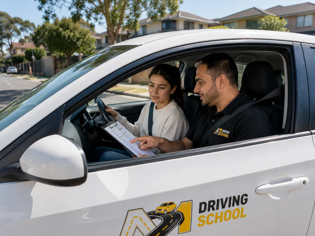 Female learner driver reviewing checklist with male instructor before booking a driving lesson in Sydney with M Driving School