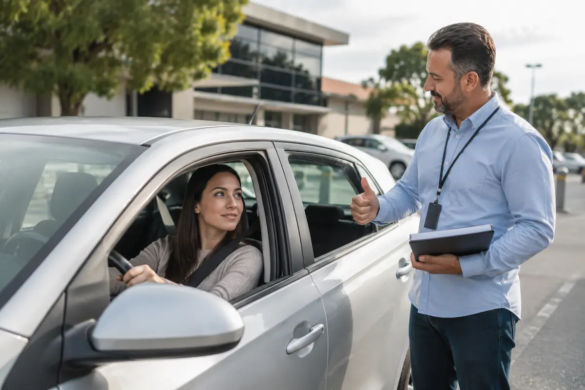 Learner driver receiving encouragement from instructor outside driving test centre — driving test tips Sydney learners can trust