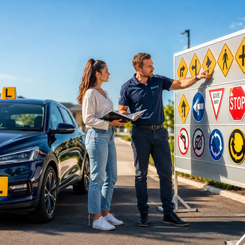 Professional driving instructor explaining the next driving exercise to a learner driver beside a modern driving school car on a quiet Australian suburban street.